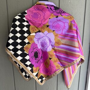 Christian Fischbacher Large Wool/Silk Scarf Bold Floral Checkered Hand Rolled